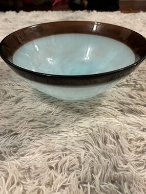 Vintage Smoky Rim Glass Serving Bowl - Light Aqua Interior